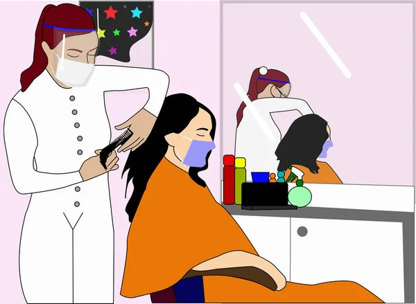 造型师用口罩和面罩固定女人的头发 遵守新的安全规则以避免考拉病毒的传播 — 图库矢量图片