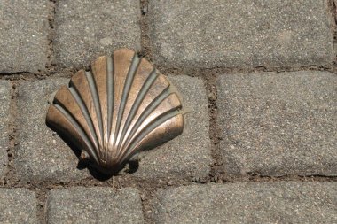 Seyyahın deniz tarağı Camino de Santiago 'nun bir işareti olarak bir yaz günü Burgos, Kastilya, İspanya' da bir yürüyüşte