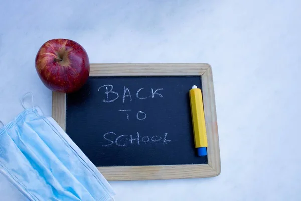 Black Board Letters Back School Apple Child Lunch Sanitary Mask — Stock Photo, Image