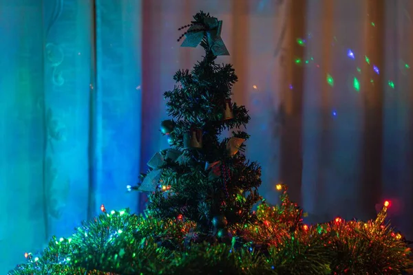 Selektive Fokussierung Von Weihnachtsbaum Und Lichtern Hause — Stockfoto