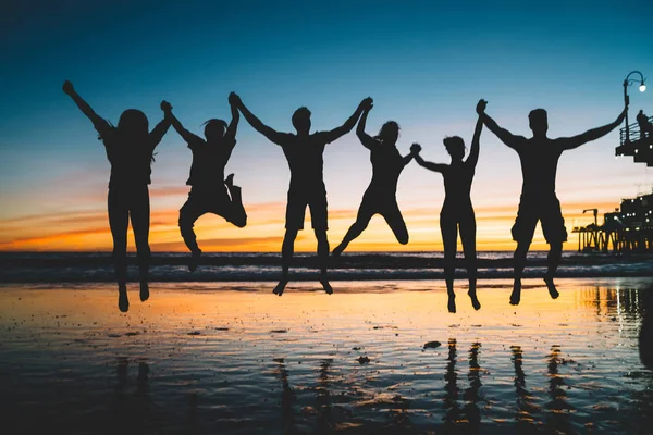 Silhouette of jumping friends enjoying summer vacations and youth lifestyle during scenery sunset, group of people holding hands and feeling happiness about friendship. Concept of friendship, success