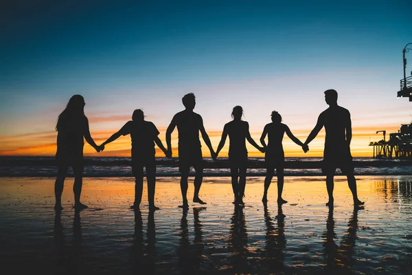 People\'s silhouette holding hands enjoying friendship and trip to tropical island during summer vacations, group of friends having fun on seashore at sunset. Happiness, success, friendship, community
