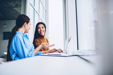Kadın arkadaşları, Office işbirliği ve dizüstü bilgisayar kullanan fikirleri tartışmak coworking oturan kadın çalışanların birlikte toplantı üzerinde beyin fırtınası başlangıç için yaratıcı stratejileri paylaşmak