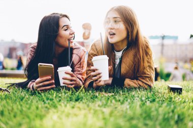 En iyi birbirleriyle iletişim kurmak ve içme kahve harcama boş zaman birlikte parkta çim üzerinde yalan arkadaşlar. Web sitesi açık havada oluşturma fikri tartışmaya el smartphone ile iki blogcular