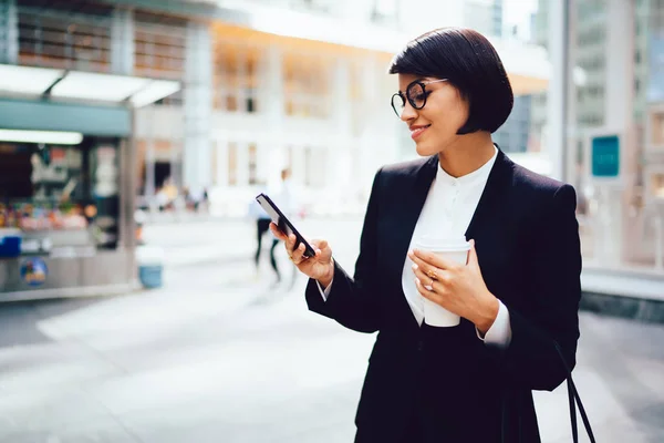 Successful Female Entrepreneur Tasty Coffee Hands Checking Email Smartphone High — Stock Photo, Image