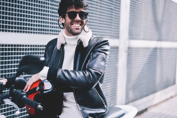 Positive Handsome Man Stylish Sunglasses Smiling Away While Sitting Helmet — Stock Photo, Image
