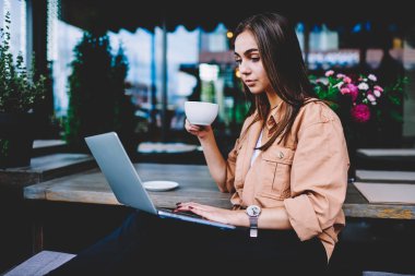 Profesyonel kadın serbest meslek sahibi olarak kafe iç, düşünceli hippi kız e-öğrenme webinar bilgiler üzerinde konsantre vakit kahve yudumlarken dizüstü bilgisayar üzerinden uzak iş yapıyor