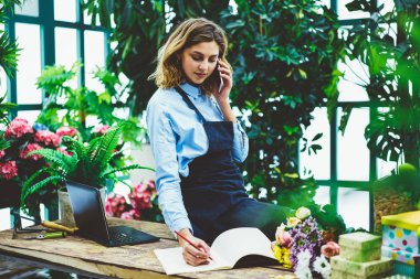 Sera, çiçek dükkanında çalışan buket kompozisyon hücresel tartışırken detayları konuşurken pazarlamacı içinde okul sırası oturan cep telefonu konuşma sırasında istemci sipariş belirterek kadın bahçıvan  