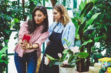 Genç kadın meslektaşları botanik orangery içinde Asyalı kadın selfie sera taze bitki ile profesyonel çiçekçi ile hücresel poz ile yapım çalışma smartphone kamera fotoğraf çekimi