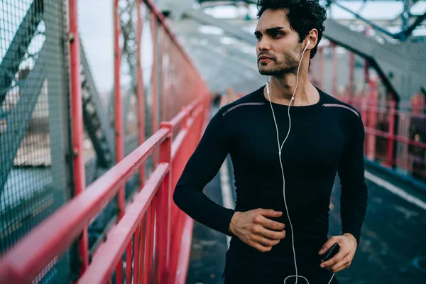 Motivated Young Athletic Man Dressed Tracksuit Workout Listening Music Earphones — Stock Photo, Image