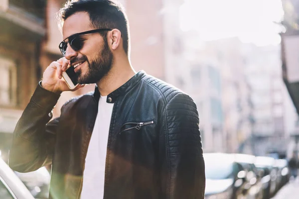 Cheerful Hipster Guy Happy Hear Friend Making Mobile Call Roaming — Stock Photo, Image
