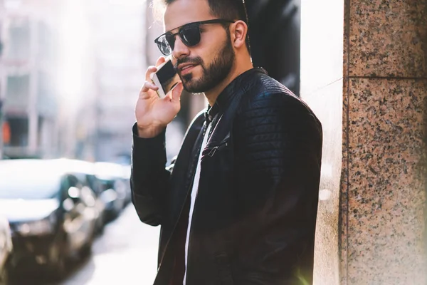 Handsome Male Trendy Wear Talking Mobile Phone Having Cheap Tariffs — Stock Photo, Image