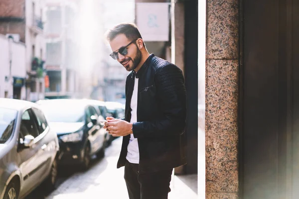 Smiling Hipster Guy Trendy Wear Chatting Friend Application Smartphone Walking — Stock Photo, Image