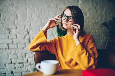 Kendine güvenen kadın girişimci Smartphone'da dolaşım çağrı telefon görüşme sırasında iş sorunu çözme. Hücresel kapalı kafeteryada oturan arkadaşı ile konuşurken kafe dalgın sahibi