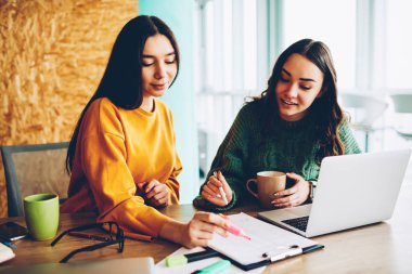 Dizüstü bilgisayar aygıtla masaüstü stüdyoda oturan gelişmekte olan başlangıç projesi için iş planı kontrol iş kadınları. İki öğrenci üniversitede banka görev üzerinde beyin fırtınası sırasında işbirliği