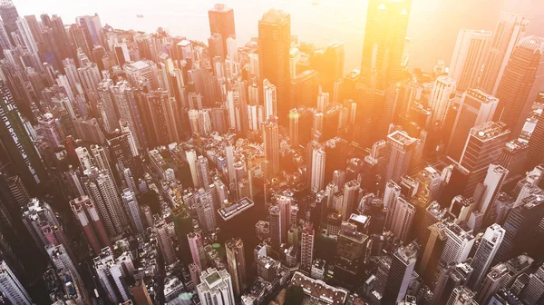 Top view aerial photo from flying drone of a developed metropolitan city in China with financial company. Hong Kong with office buildings and business centers near sea bay. Advanced infrastructure