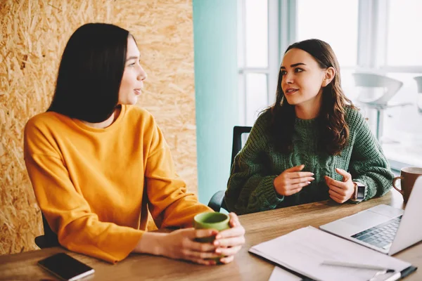 Two Female Colleagues Discussing New Ideas Design Webstore Working Together — Stock Photo, Image