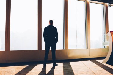 Resmi kıyafetler giymiş ve gün batımı manzaranın tadını çıkarırken kendi şirket ve mali kar geliştirmek için yaratıcı fikirler üzerinde düşünürken ceplerinde elele işadamı arkadan görünüm