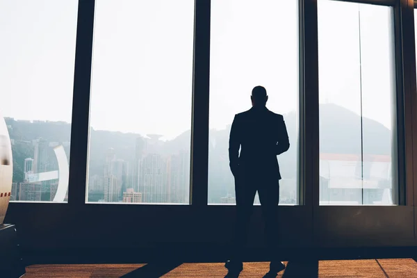 Zadní Pohled Mužské Finanční Manažer Formální Oblečení Při Pohledu Okna — Stock fotografie