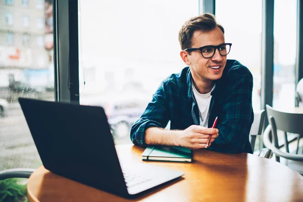 Young Good Looking Smiling Clever Freelancer Cool Spectacles Enjoying Time — Stock Photo, Image