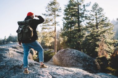 Arkadan görünüşü dağ doğa manzara keşfetmek yol vahşi orman çevre duran kaya, hipster adam tatilde sırt çantası yolculuk tutkusu ile keşfetmek için yol gözlemleyerek erkek uzun yürüyüşe çıkan kimse