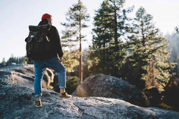 Visão Traseira Cara Hipster Com Mochila Explorando Parque Nacional Yosemite — Fotografia de Stock