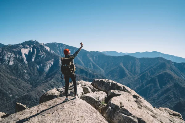 Young Female Travel Blogger Making Selfie Using Smartphone Top Mountain — Stock Photo, Image