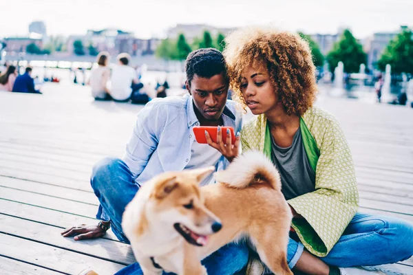 Afro American Hipsters Stylish Casual Wear Using Modern Technologies Watching — Stock Photo, Image