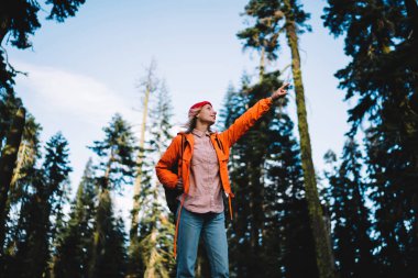 Renkli ceket yüksek ormanda yürüyüş parkurları tatil vahşi ortamda, Ulusal par ormanda yürüyüş için kız yolculuk tutkusu gösteren yönü işaret eden genç kadın gezgin