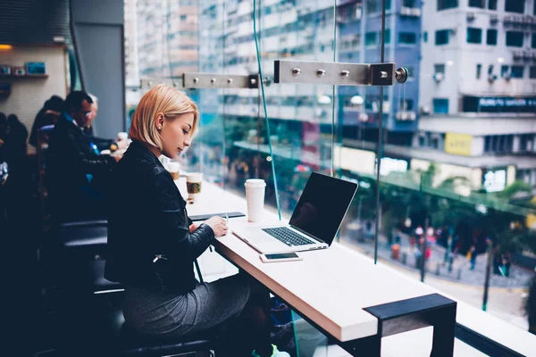 Stylish Female Freelancer Doing Distance Job Digital Laptop Device Mock — Stock Photo, Image