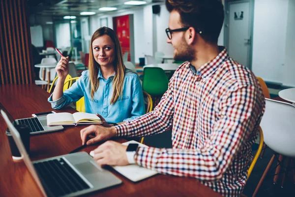 Cheerful Two Students Preparing Together Exam Sitting Modern Laptop Computers — Stock Photo, Image