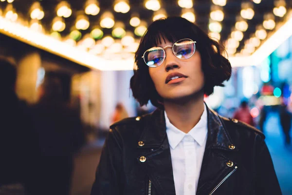 Half Length Portrait Gorgeous Brunette Young Woman Stylish Eyeglasses Looking — Stock Photo, Image