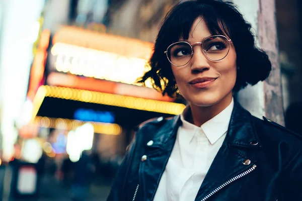 Pretty Stylish Hipster Girl Short Haircut Looking Away Walking New — Stock Photo, Image