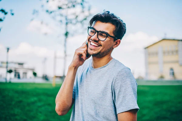 Cheerful Hipster Blogger Optical Spectacles Laughing While Talking Best Friend — Stock Photo, Image
