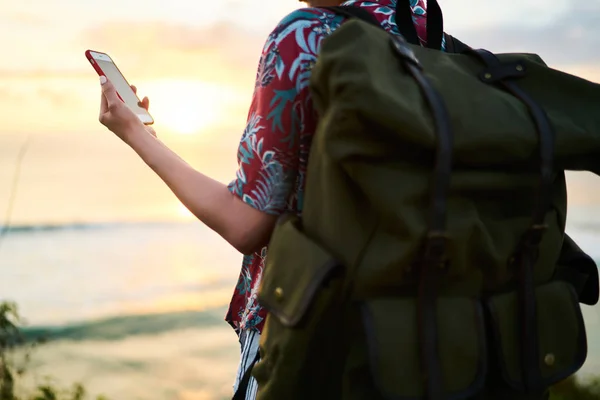 Back View Woman Traveler Holding Modern Smartphone Hand Checking Notification — Stock Photo, Image