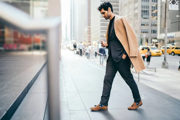 Thoughtful Handsome Male Owner Business Dressed Fashion Outfit Walking Street — Stock Photo, Image