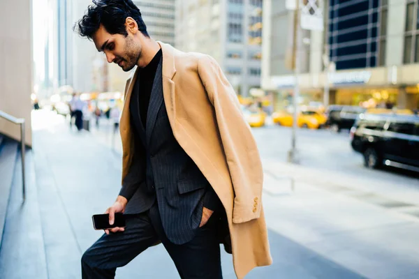 Thoughtful Owner Company Stylish Clothing Walking Holding Mobile Phone New — Stock Photo, Image