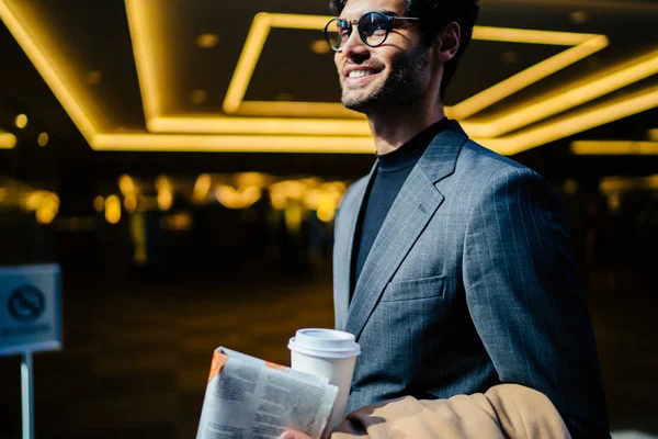 Smiling Prosperous Owner Elegant Suit Spectacles Satisfied Financial News Holding — Stock Photo, Image
