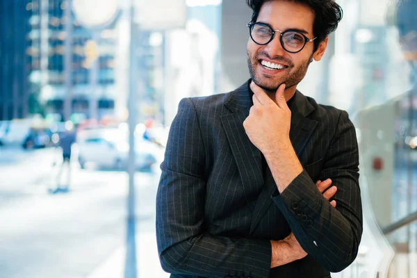 Half Length Portrait Cheerful Businessman Elegant Formal Wear Spectacles Laughing — Stock Photo, Image