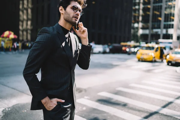 Male Entrepreneur Elegant Suit Standing Avenue Talking Telephone Operator Calling — Stock Photo, Image