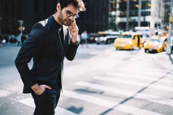 Stressed Businessman Having Mobile Phone Conversation Standing Street Downtown Angry — Stock Photo, Image