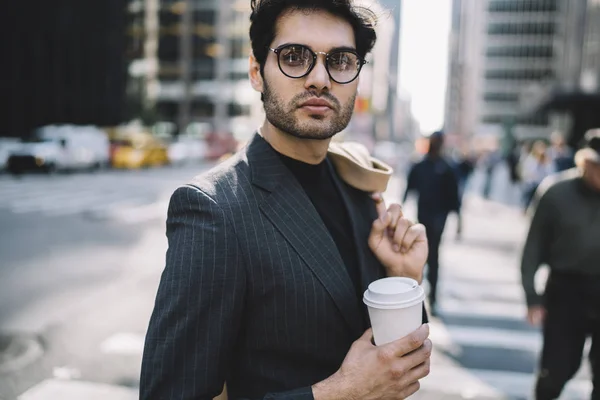 Half Length Portrait Handsome Confident Businessman Trendy Formal Wear Standing — Stock Photo, Image