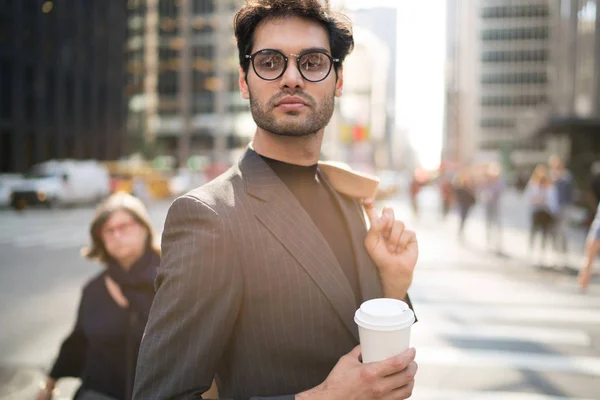 Confident Male Executive Manager Trendy Suit Spectacles Holding Coffee Spending — Stock Photo, Image
