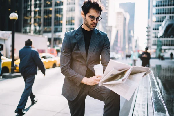 Concentrated Prosperous Owner Formal Suit Starting Day Morning Newspaper Coffee — Stock Photo, Image