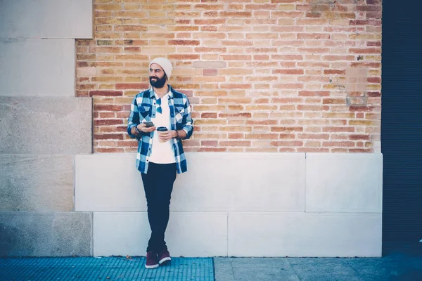 Young Happy Male Blogger Dressed Casual Clothes Looking Away While — Stock Photo, Image