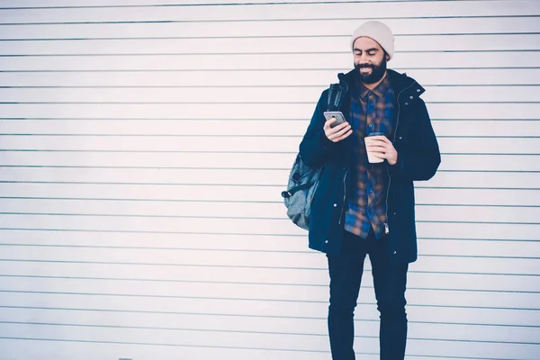 Cheerful Stylish Bearded Young Man Dressed Casual Outfit Holding Coffee — Stock Photo, Image