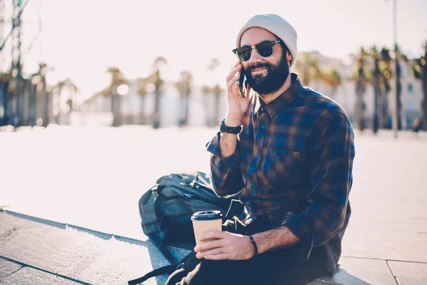 Positive Stylish Bearded Man Sunglasses Having Mobile Conversation Smartphone Resting — Stock Photo, Image