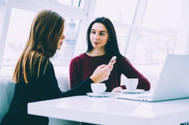 Birbirleri ile iletişim kurma ve başlatma için yaratıcı fikirler tartışırken genç iyi görünümlü kadınlar çözüm ortakları. Esmer kız yakından Cafe deneyimli meslektaşım açıklaması dinlerken