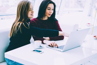 Sevimli sarışın meslektaşım ile birlikte vakit ise dizüstü bilgisayara işaret olumlu yakışıklı sarışın Tasarımcısı. Uzay coworking oturan sırasında modern aygıtta çalışan genç hippi kız