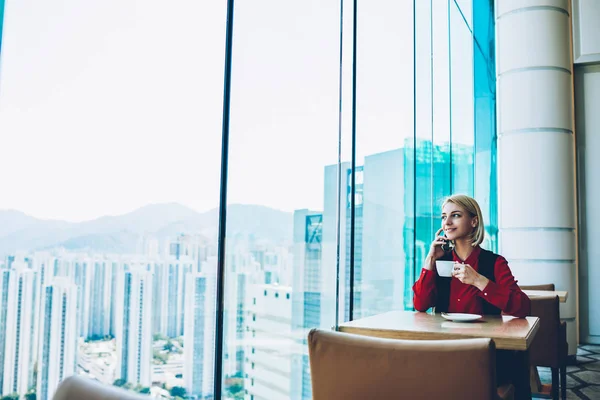 Smiling businesswoman having telephone conversation looking at urban scape from windows of cafe, prosperous female entrepreneur having mobile phone conversation on break holding coffee cup